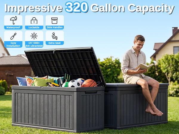 320 Gal Rectangular Plastic Outdoor Storage Deck Box - Waterproof UV-Resistant Lockable Double-Wall Resin Bin for Patio Furniture Cushions, Garden Tools - Home Decor Essential