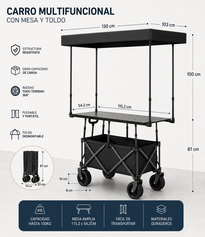 Carrito Multiusos Plegable con Toldo y Ruedas – Estación Móvil para Eventos, Negocios y Picnic
