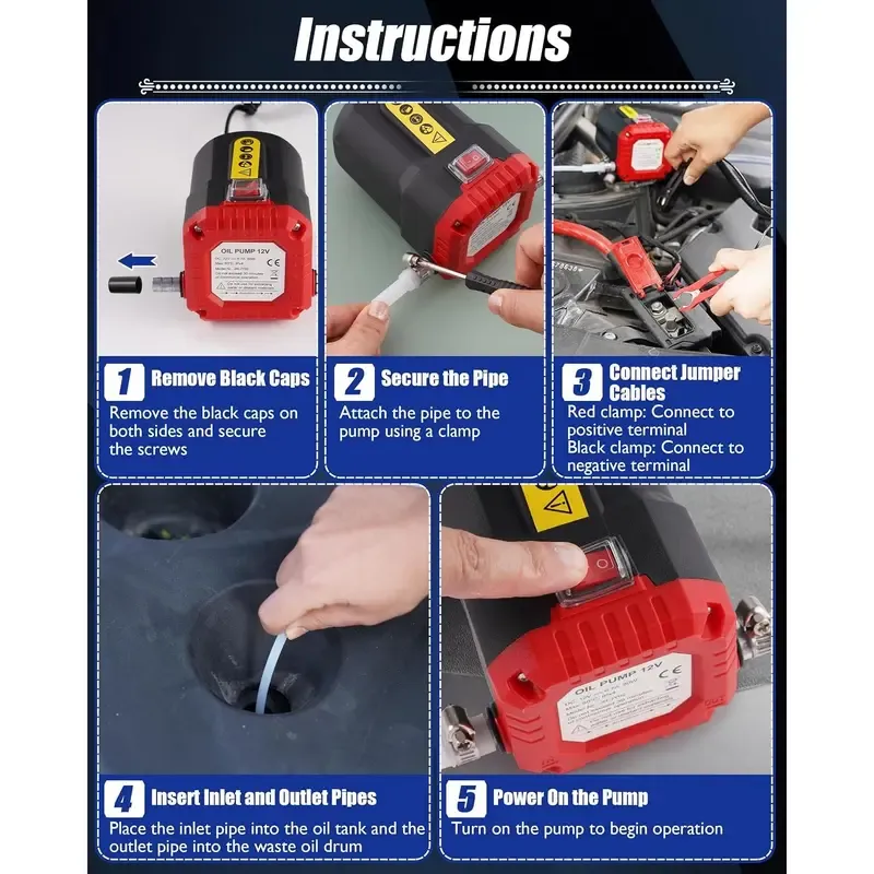 Bomba Extractora de Aceite 12V 80W para Autos, Camiones, Barcos y RV, con Mangueras, Roja