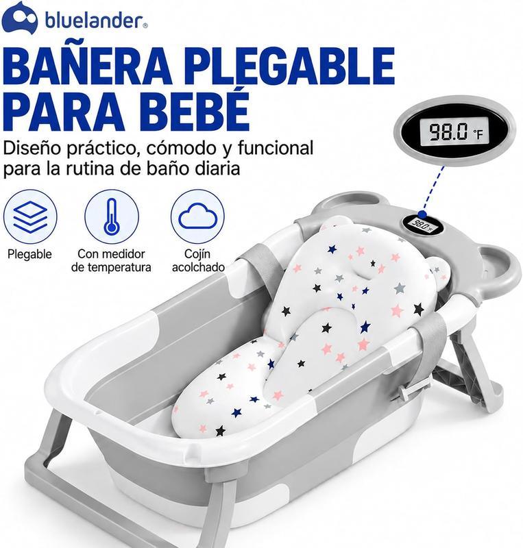 Bluelander Bañera Plegable para Bebé 69.5 x 42 x 21 cm con Medición de Temperatura Cojín de Espuma PU Patas Plegables Espacio para Biberón