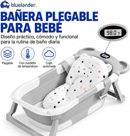 Bluelander Bañera Plegable para Bebé 69.5 x 42 x 21 cm con Medición de Temperatura Cojín de Espuma PU Patas Plegables Espacio para Biberón