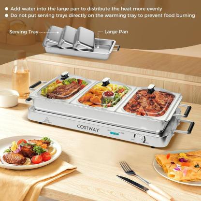 Buffet Eléctrico 2 en 1 con Bandeja Calentadora de Acero Inoxidable, Control de Temperatura, 3 Charolas y Capacidad de 4.5/8 Qt para Fiestas y Eventos