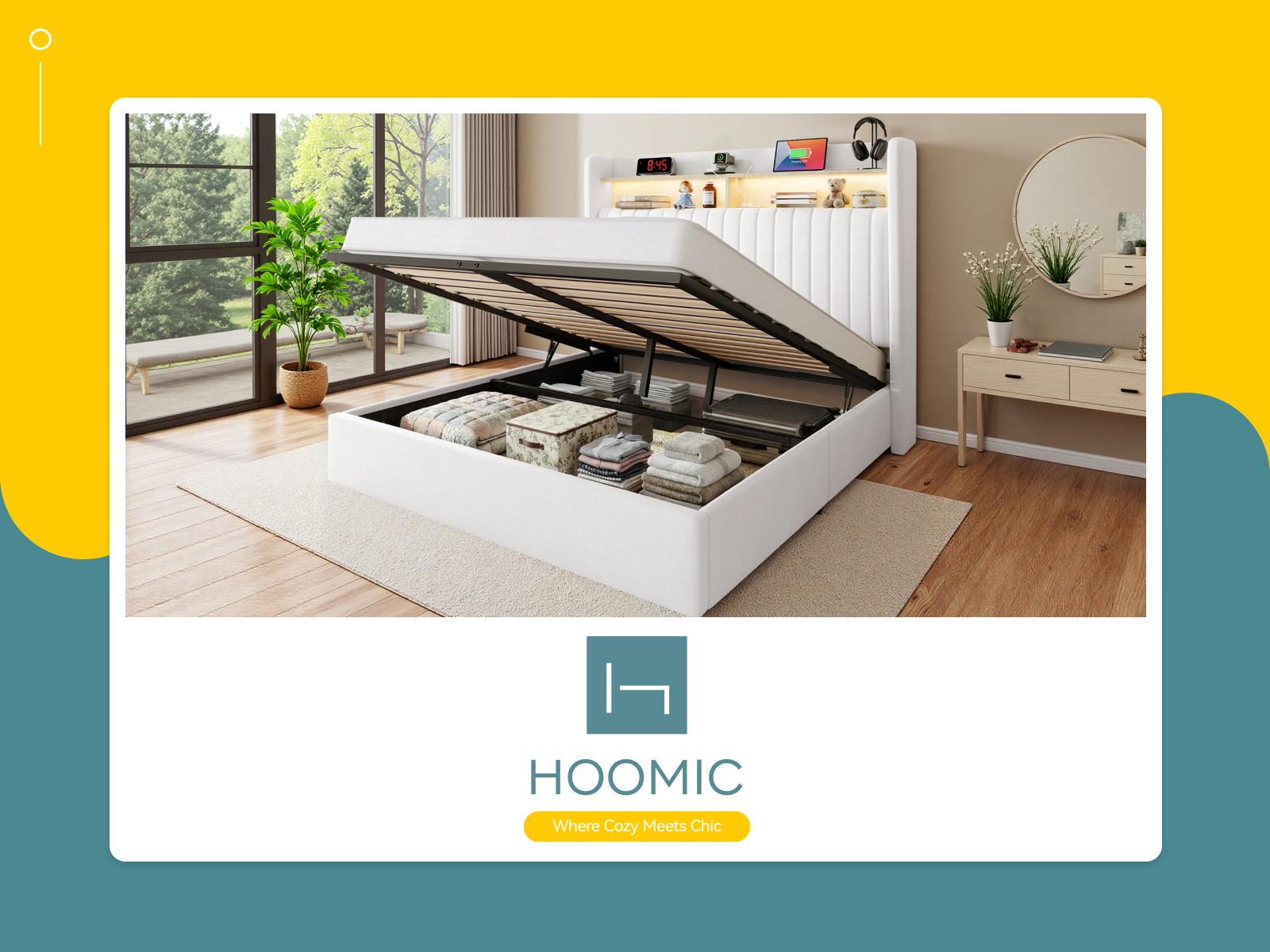 HOOMIC Full Queen King Size Lift Up Storage Bed Frame with Charging Station, Featuring a Storage Shelf Headboard with USB and Type-C Ports, Hydraulic Support, Velvet Upholstery, and No Box Spring Needed, Grey Black White Cream White#SummerVibes