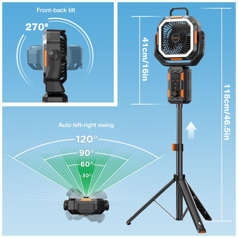 Ventilador Portátil 4 en 1 para Camping con Trípode Desmontable, Batería Recargable de 30000 mAh, Luz LED, Giro de 270°, Control Remoto y Oscilación