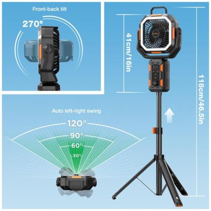 Ventilador Portátil 4 en 1 para Camping con Trípode Desmontable, Batería Recargable de 30000 mAh, Luz LED, Giro de 270°, Control Remoto y Oscilación