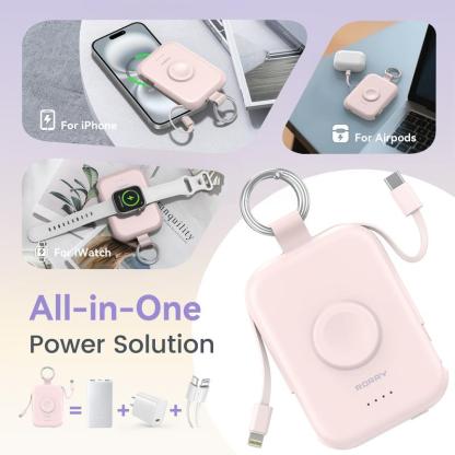 Cargador Portátil 5000mAh/10000mAh con Cables Integrados, Batería Compacta para iPhone, Apple Watch y AirPods, Ideal para Viajes