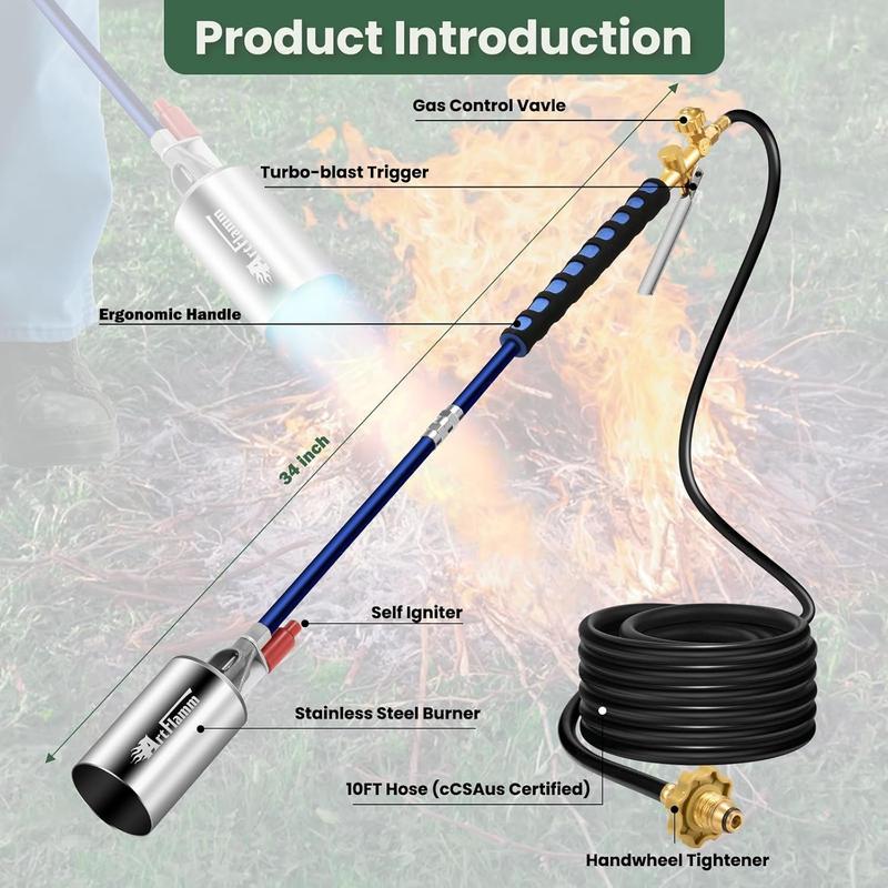 Kit de soplete de propano para eliminar maleza, con manguera de 3 m, encendido automático y bolsa de almacenamiento, ideal para fogatas y techos. No incluye tanque de propano.