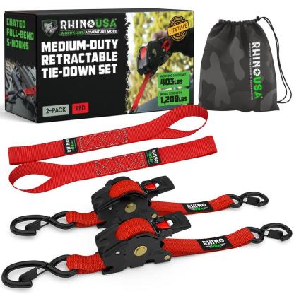 Correas de amarre retráctiles con matraca de 2.5 cm x 3 m, paquete de 2 o 4 piezas, resistentes y de uso medio, ideales para camionetas y remolques de carga.