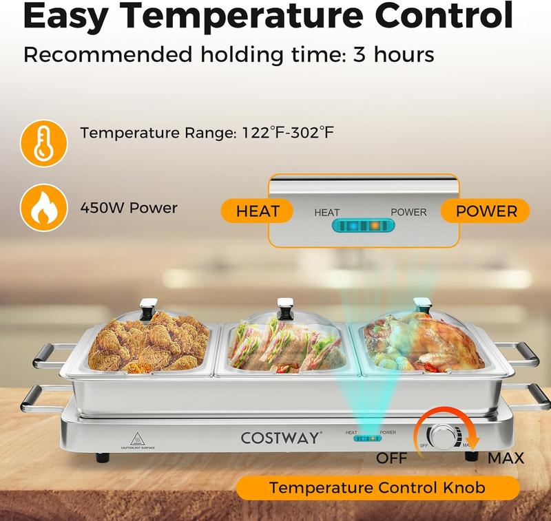Buffet Eléctrico 2 en 1 con Bandeja Calentadora de Acero Inoxidable, Control de Temperatura, 3 Charolas y Capacidad de 4.5/8 Qt para Fiestas y Eventos