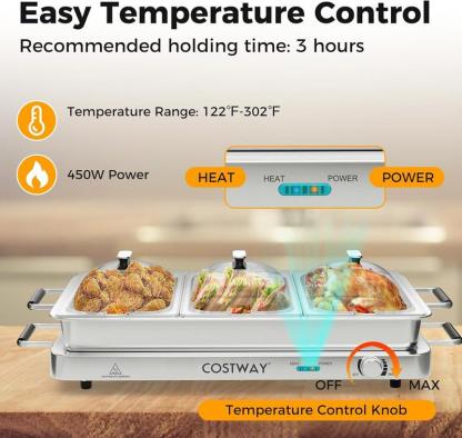 Buffet Eléctrico 2 en 1 con Bandeja Calentadora de Acero Inoxidable, Control de Temperatura, 3 Charolas y Capacidad de 4.5/8 Qt para Fiestas y Eventos
