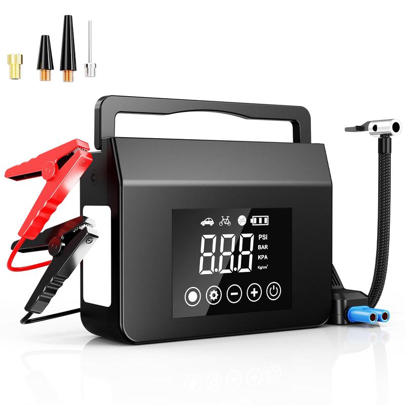 Arrancador de batería para auto 4000A con inflador de llantas 150 PSI, batería portátil 15000mAh, luz LED y herramienta de emergencia para autos y camionetas.