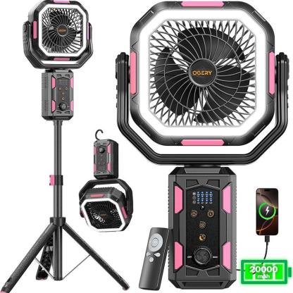 Ventilador Portátil 4 en 1 para Camping con Trípode Desmontable, Batería Recargable de 30000 mAh, Luz LED, Giro de 270°, Control Remoto y Oscilación