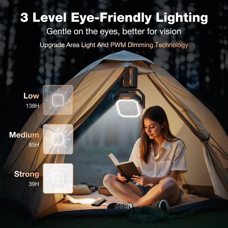 Ventilador Portátil 4 en 1 para Camping con Trípode Desmontable, Batería Recargable de 30000 mAh, Luz LED, Giro de 270°, Control Remoto y Oscilación