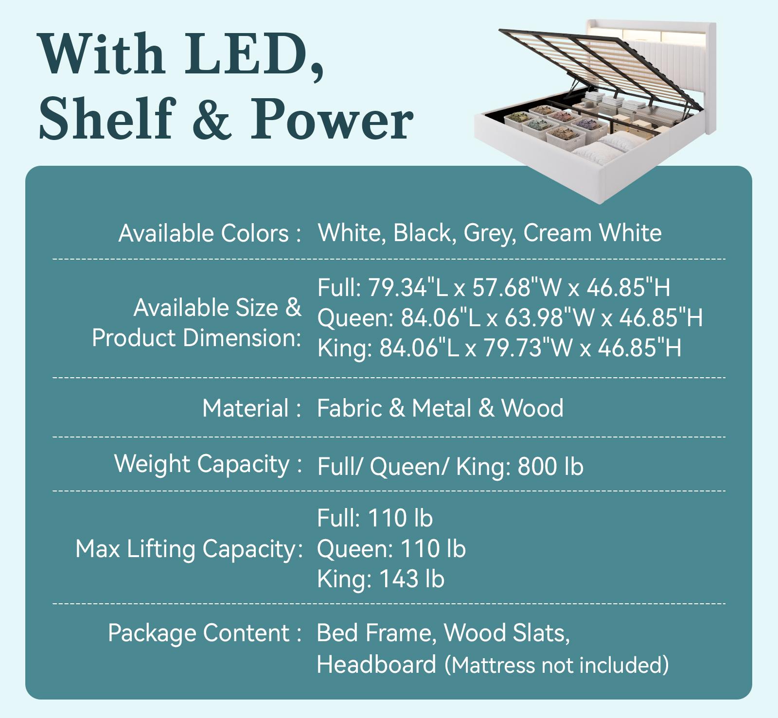 HOOMIC Full Queen King Size Lift Up Storage Bed Frame with Charging Station, Featuring a Storage Shelf Headboard with USB and Type-C Ports, Hydraulic Support, Velvet Upholstery, and No Box Spring Needed, Grey Black White Cream White#SummerVibes