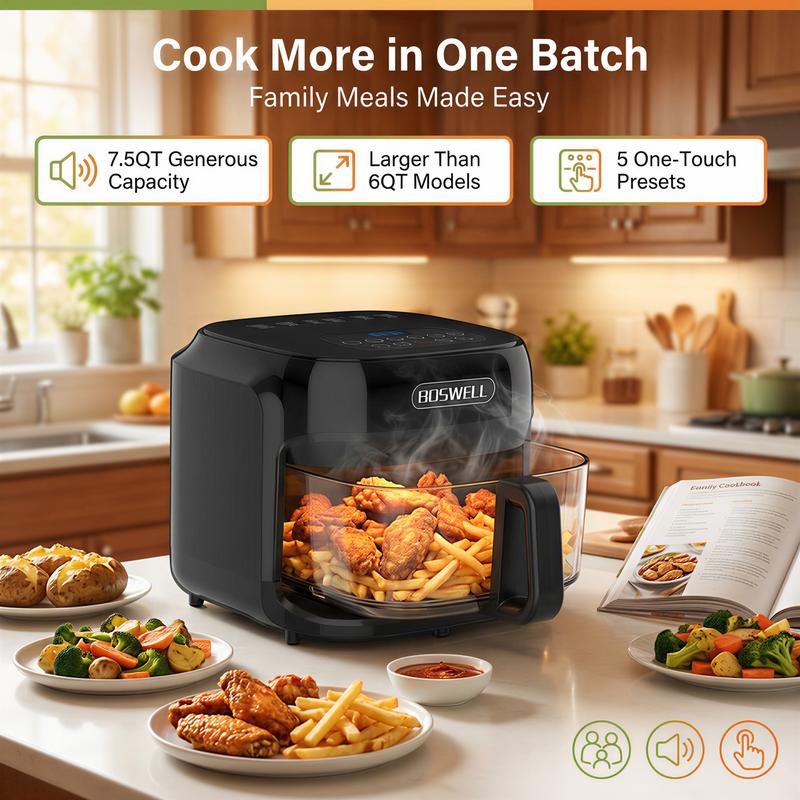 Freidora de Aire de Vidrio de 7.5 QT, Tazón Transparente Resistente al Calor, 1200W, 5 en 1, Cocina un Pollo Entero, Cocción Sin Aceite, Recipiente Apto para Lavavajillas, Ideal para Familias y Preparación de Comidas