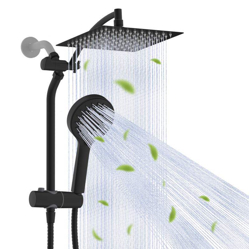 Combo de Regadera de 10", Alta Presión con Efecto Lluvia, 5 Modos de Rociado, Ducha de Mano, Desviador de 3 Vías, Brazo Ajustable, Manguera de 59" y Soporte, Acabado Cromo
