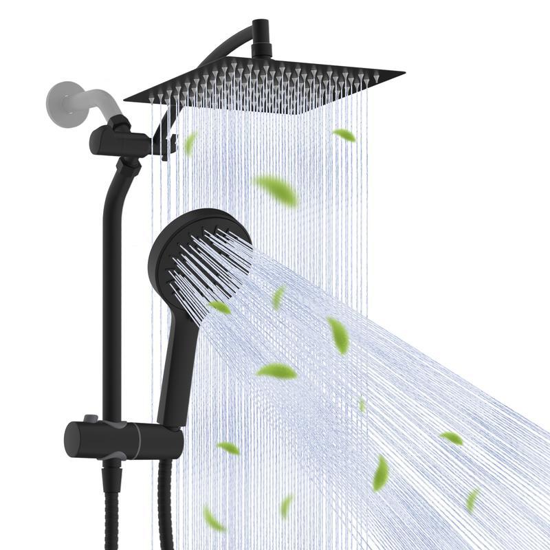 Combo de Regadera de 10", Alta Presión con Efecto Lluvia, 5 Modos de Rociado, Ducha de Mano, Desviador de 3 Vías, Brazo Ajustable, Manguera de 59" y Soporte, Acabado Cromo