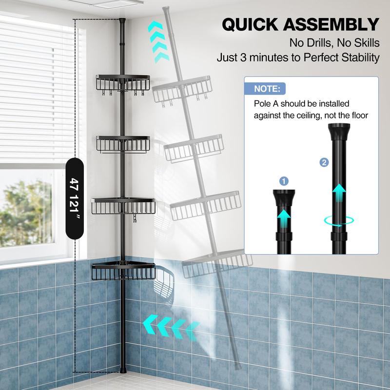Organizador Esquinero para Regadera de 4 Niveles, Acero Inoxidable, Sin Perforar, Ajustable 47-121", Negro