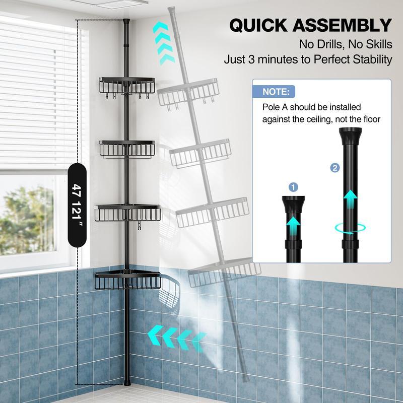 Organizador Esquinero para Regadera de 4 Niveles, Acero Inoxidable, Sin Perforar, Ajustable 47-121", Negro