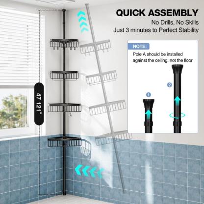 Organizador Esquinero para Regadera de 4 Niveles, Acero Inoxidable, Sin Perforar, Ajustable 47-121", Negro