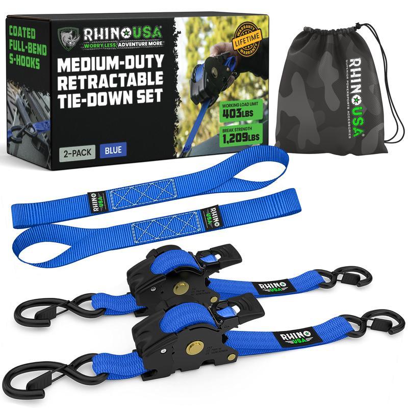 Correas de amarre retráctiles con matraca de 2.5 cm x 3 m, paquete de 2 o 4 piezas, resistentes y de uso medio, ideales para camionetas y remolques de carga.