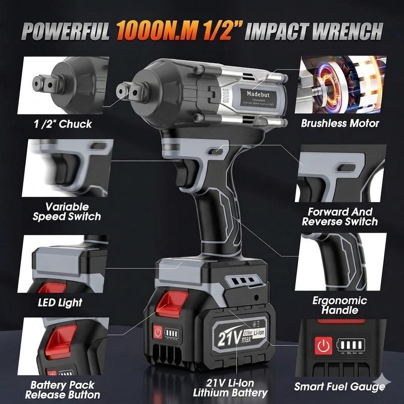 Llave de Impacto Inalámbrica de 1000 N·m, Pistola de Impacto Totalmente Metálica con 2 Baterías de 4.0 Ah, Herramienta Eléctrica 3 en 1 con 5 Dados