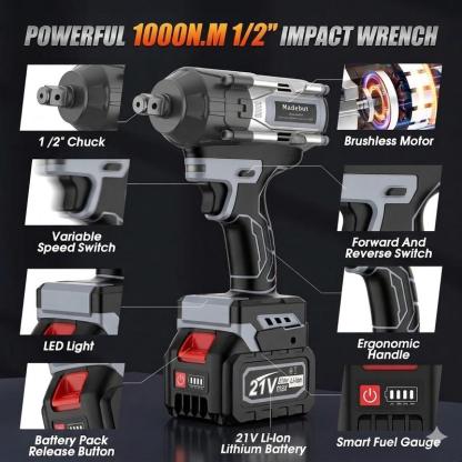 Llave de Impacto Inalámbrica de 1000 N·m, Pistola de Impacto Totalmente Metálica con 2 Baterías de 4.0 Ah, Herramienta Eléctrica 3 en 1 con 5 Dados