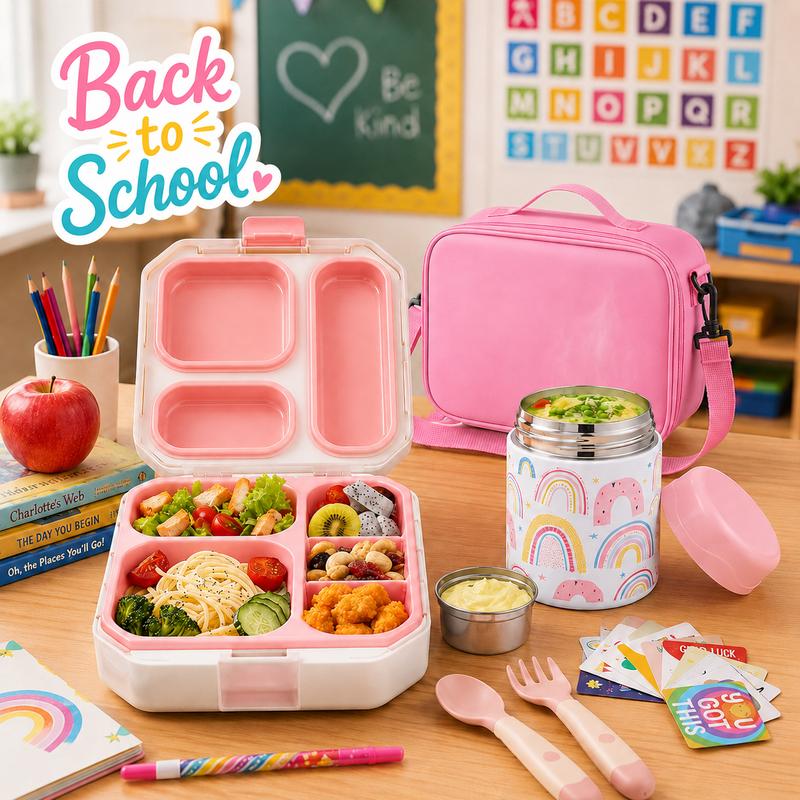 Lonchera Bento para Niños con Termo para Sopa de 12 oz, 5 Compartimentos, Bolsa Térmica, Hermética, Apta para Microondas y Portátil para Escuela