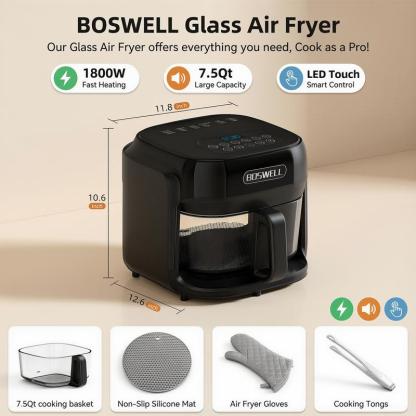 Freidora de Aire de Vidrio de 7.5 QT, Tazón Transparente Resistente al Calor, 1200W, 5 en 1, Cocina un Pollo Entero, Cocción Sin Aceite, Recipiente Apto para Lavavajillas, Ideal para Familias y Preparación de Comidas