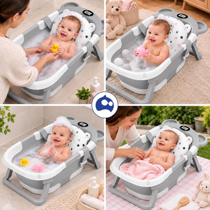 Bluelander Bañera Plegable para Bebé 69.5 x 42 x 21 cm con Medición de Temperatura Cojín de Espuma PU Patas Plegables Espacio para Biberón