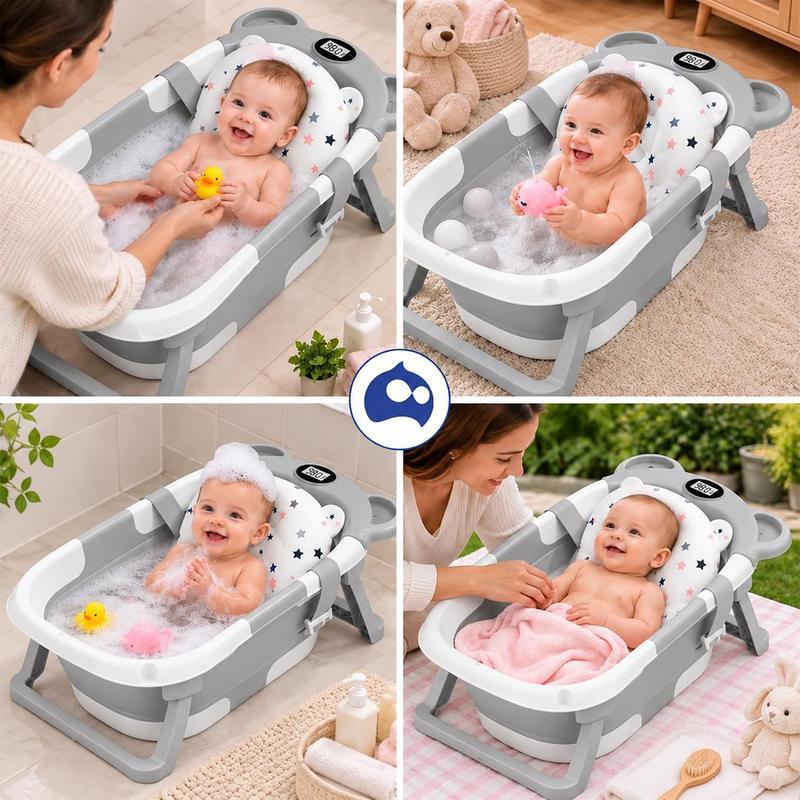Bluelander Bañera Plegable para Bebé 69.5 x 42 x 21 cm con Medición de Temperatura Cojín de Espuma PU Patas Plegables Espacio para Biberón