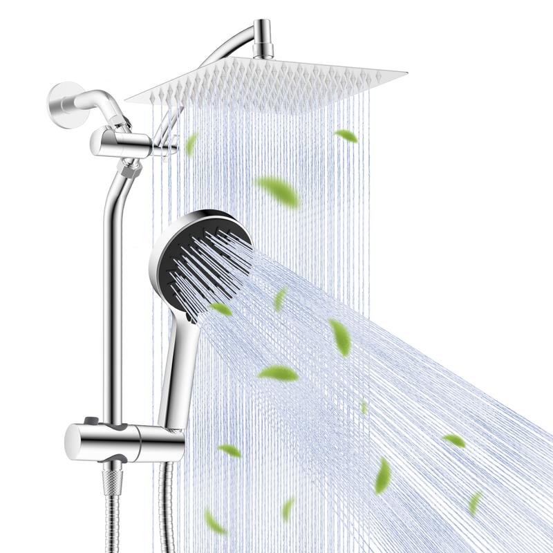 Combo de Regadera de 10", Alta Presión con Efecto Lluvia, 5 Modos de Rociado, Ducha de Mano, Desviador de 3 Vías, Brazo Ajustable, Manguera de 59" y Soporte, Acabado Cromo