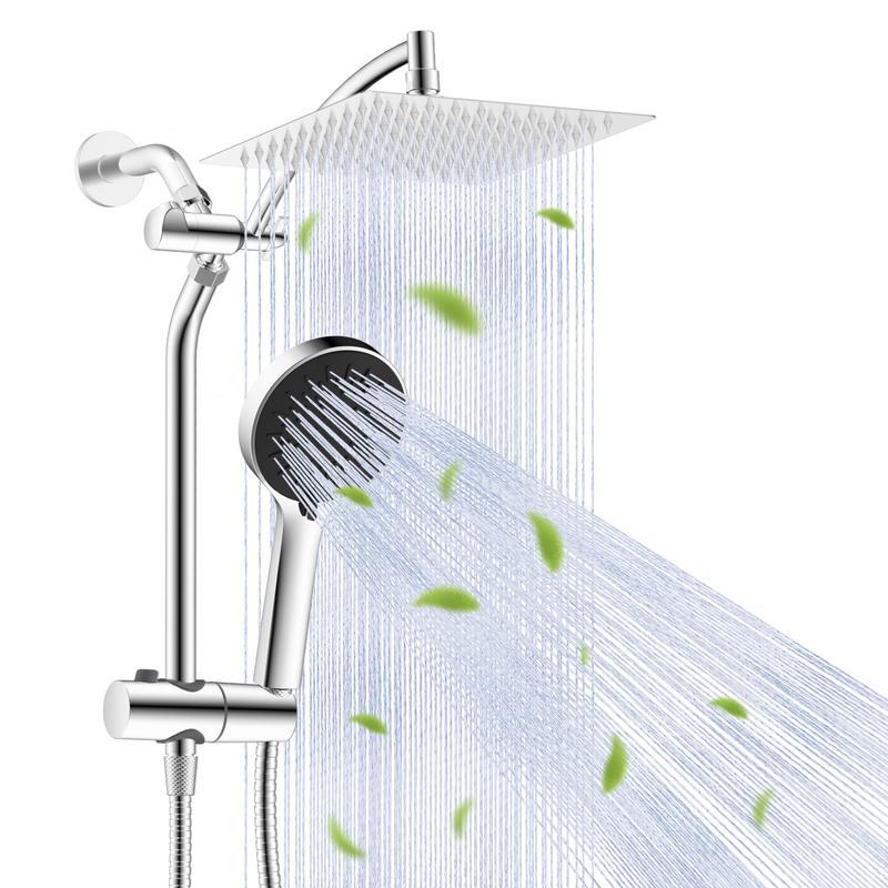 Combo de Regadera de 10", Alta Presión con Efecto Lluvia, 5 Modos de Rociado, Ducha de Mano, Desviador de 3 Vías, Brazo Ajustable, Manguera de 59" y Soporte, Acabado Cromo