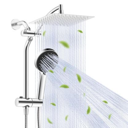 Combo de Regadera de 10", Alta Presión con Efecto Lluvia, 5 Modos de Rociado, Ducha de Mano, Desviador de 3 Vías, Brazo Ajustable, Manguera de 59" y Soporte, Acabado Cromo
