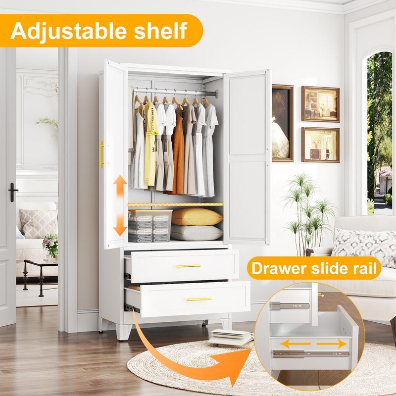 Armario Metálico de 2 Puertas y 2 Cajones, 71" con Barra para Colgar y Repisa Ajustable para Dormitorio