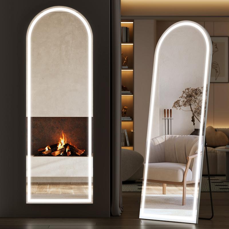 Espejo de cuerpo completo LED arqueado de aluminio, 3 colores de luz regulable, montaje de pared o piso, ideal para dormitorio y decoración del hogar.