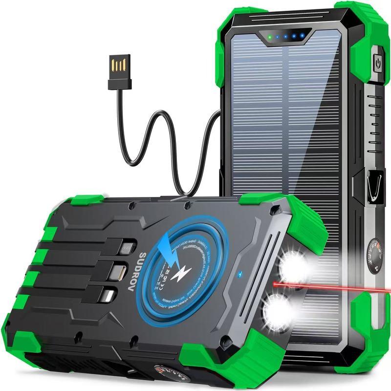 Cargador Solar Portátil de 42800 mAh, Carga Rápida de 15 W, 4 Cables Integrados, 7 Salidas, 3 Entradas, Carga Inalámbrica, Resistente al Polvo, Linterna Doble, Mosquetón y Termómetro para Celulares