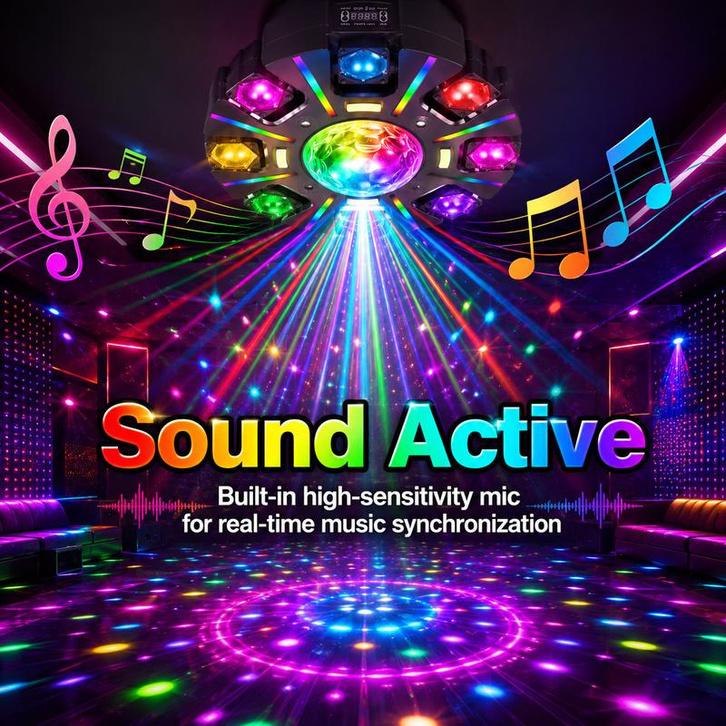 Cabeza Móvil RGBW de 8 Ojos para DJ, Luz para Fiestas con Láser Rojo y Verde, 38 Tiras de Luz RGB, Estroboscópico, Luz de Escenario Activada por Sonido DMX512 para Clubes, KTV, Salas de Juegos, Raves, Fiestas en Casa, Fiestas de Halloween y Ambientes