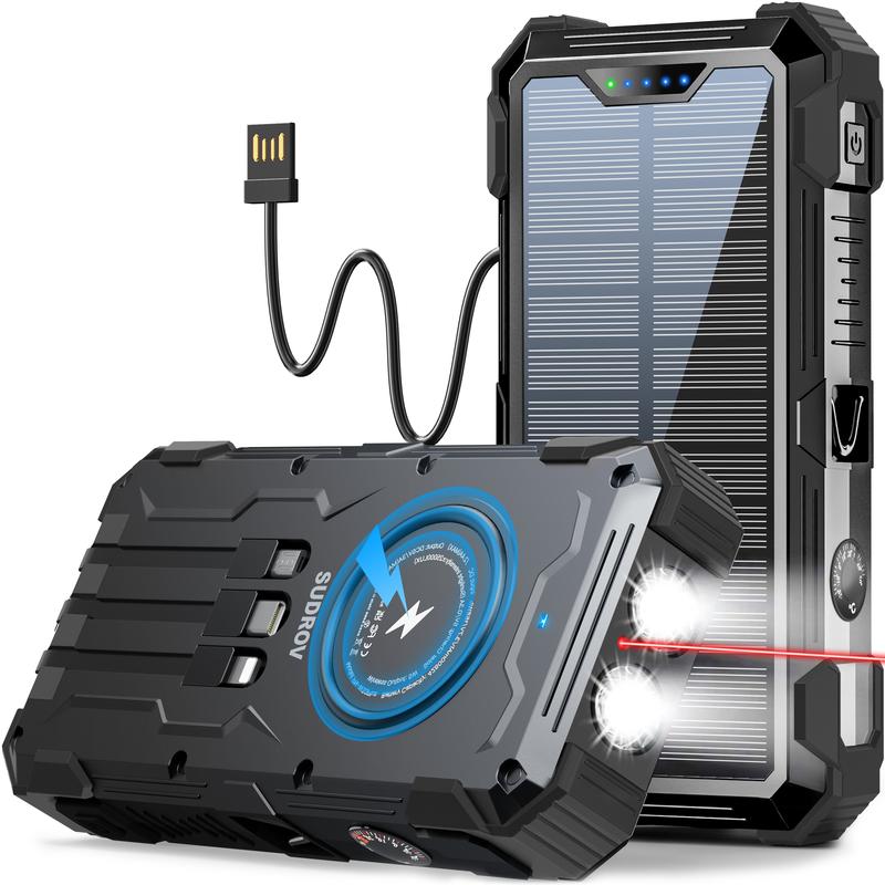 Cargador Solar Portátil de 42800 mAh, Carga Rápida de 15 W, 4 Cables Integrados, 7 Salidas, 3 Entradas, Carga Inalámbrica, Resistente al Polvo, Linterna Doble, Mosquetón y Termómetro para Celulares