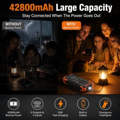 Cargador Solar Portátil de 42800 mAh, Carga Rápida de 15 W, 4 Cables Integrados, 7 Salidas, 3 Entradas, Carga Inalámbrica, Resistente al Polvo, Linterna Doble, Mosquetón y Termómetro para Celulares