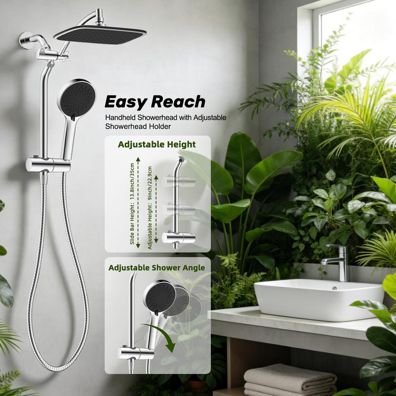 Combo de Regadera de 10", Alta Presión con Efecto Lluvia, 5 Modos de Rociado, Ducha de Mano, Desviador de 3 Vías, Brazo Ajustable, Manguera de 59" y Soporte, Acabado Cromo