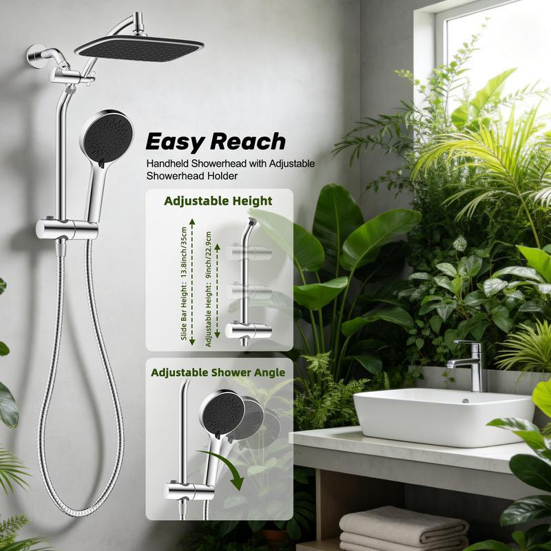 Combo de Regadera de 10", Alta Presión con Efecto Lluvia, 5 Modos de Rociado, Ducha de Mano, Desviador de 3 Vías, Brazo Ajustable, Manguera de 59" y Soporte, Acabado Cromo