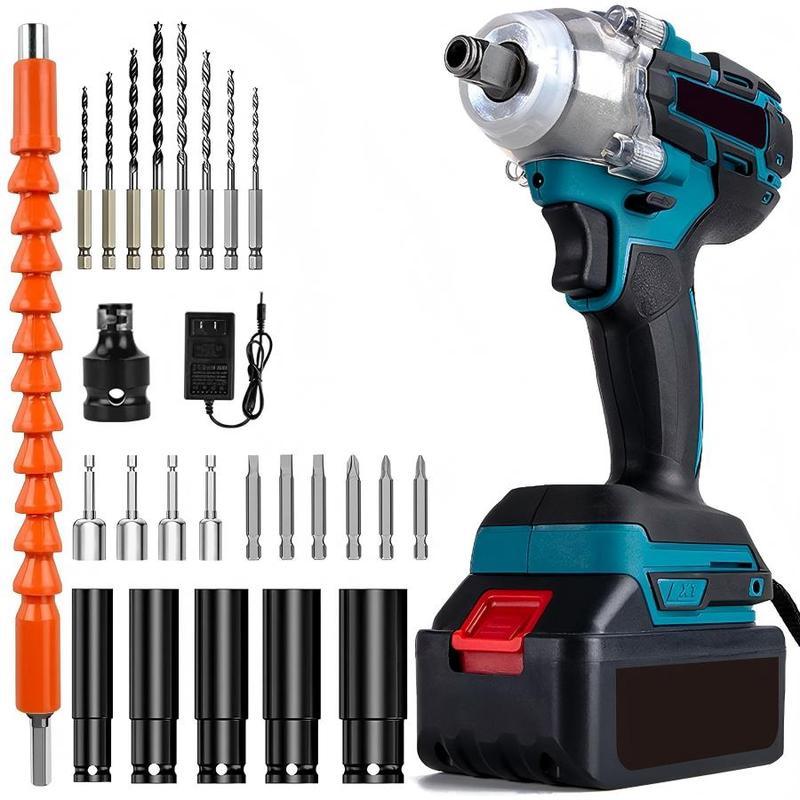 Kit de llave de impacto inalámbrica 3 en 1, 800N.m, batería 21V, con accesorios, ideal para reparación de autos y hogar.