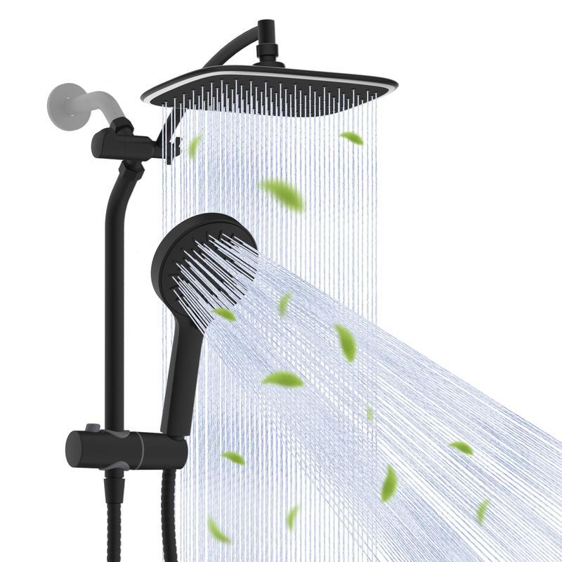 Combo de Regadera de 10", Alta Presión con Efecto Lluvia, 5 Modos de Rociado, Ducha de Mano, Desviador de 3 Vías, Brazo Ajustable, Manguera de 59" y Soporte, Acabado Cromo