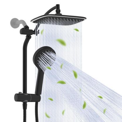 Combo de Regadera de 10", Alta Presión con Efecto Lluvia, 5 Modos de Rociado, Ducha de Mano, Desviador de 3 Vías, Brazo Ajustable, Manguera de 59" y Soporte, Acabado Cromo