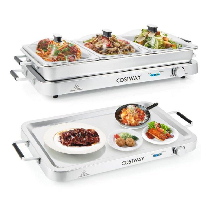 Buffet Eléctrico 2 en 1 con Bandeja Calentadora de Acero Inoxidable, Control de Temperatura, 3 Charolas y Capacidad de 4.5/8 Qt para Fiestas y Eventos