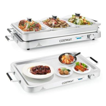 Buffet Eléctrico 2 en 1 con Bandeja Calentadora de Acero Inoxidable, Control de Temperatura, 3 Charolas y Capacidad de 4.5/8 Qt para Fiestas y Eventos