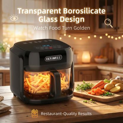 Freidora de Aire de Vidrio de 7.5 QT, Tazón Transparente Resistente al Calor, 1200W, 5 en 1, Cocina un Pollo Entero, Cocción Sin Aceite, Recipiente Apto para Lavavajillas, Ideal para Familias y Preparación de Comidas