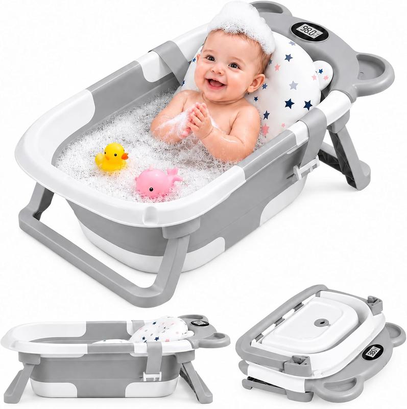 Bluelander Bañera Plegable para Bebé 69.5 x 42 x 21 cm con Medición de Temperatura Cojín de Espuma PU Patas Plegables Espacio para Biberón