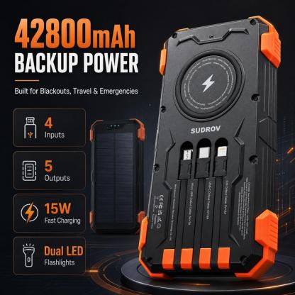 Cargador Solar Portátil de 42800 mAh, Carga Rápida de 15 W, 4 Cables Integrados, 7 Salidas, 3 Entradas, Carga Inalámbrica, Resistente al Polvo, Linterna Doble, Mosquetón y Termómetro para Celulares